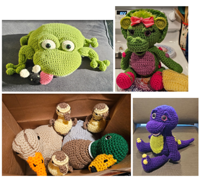 Online learning onboarding specialist Kayla Millard crochets stuffies in her spare time. This image shows a variety of her stuffies.